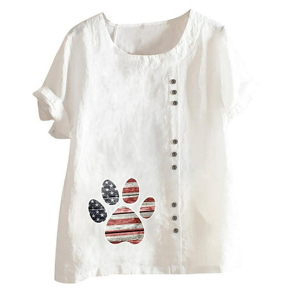 USSUMA Womens Tops Dressy Casual Summer Women Casual Cotton And Linen Top Printed Short Sleeve Plus Tunics Button Tunic T-shirt Blouse Tops Ladies Tops Trendy