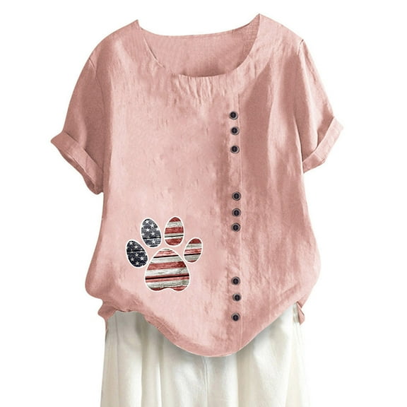 USSUMA Womens Tops Dressy Casual Summer Women Casual Cotton And Linen Top Printed Short Sleeve Plus Tunics Button Tunic T-shirt Blouse Tops Ladies Tops Trendy