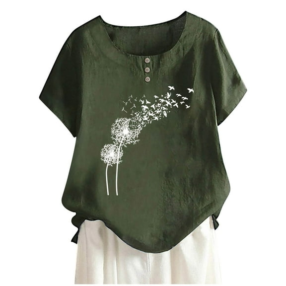 USSUMA Womens Tops Dressy Casual Summer,Women Summer Cotton Linen Tshirt Tops Trendy Dandelion Print Casual Loose Tunic Tee Plus Size Crewneck Blouse
