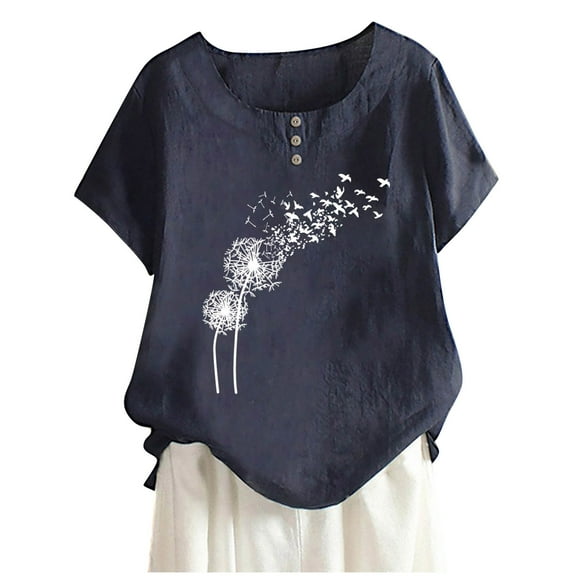 USSUMA Womens Tops Dressy Casual Summer,Women Summer Cotton Linen Tshirt Tops Trendy Dandelion Print Casual Loose Tunic Tee Plus Size Crewneck Blouse