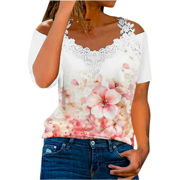 USSUMA Womens Tops Dressy Casual Summer Women's Lace Trim Cold Shoulder Tunic Tops Casual Short Sleeve V Neck Blouse Tops Summer Sexy Floral Print Shirts Tee