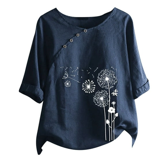 USSUMA Womens Tops Dressy Casual Summer Women's Plus Size Summer Cotton Linen Tunic Shirt Vintage Dandelion Print Tops Short Sleeve Blouse T-Shirt