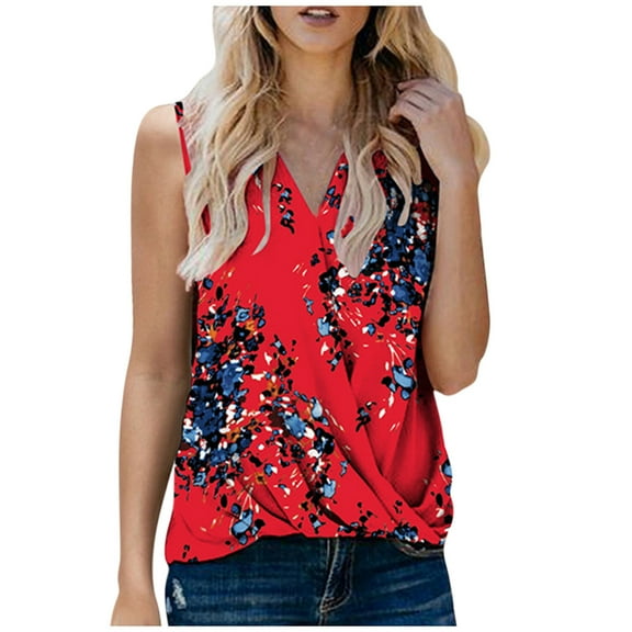 USSUMA Womens Summer Tops Twist Front Wrap Tank Top T-Shirts for Women Trendy Floral Print Slings Blouses Tops Dressy Casual V Neck Tunic Plus Size Shirts for Female