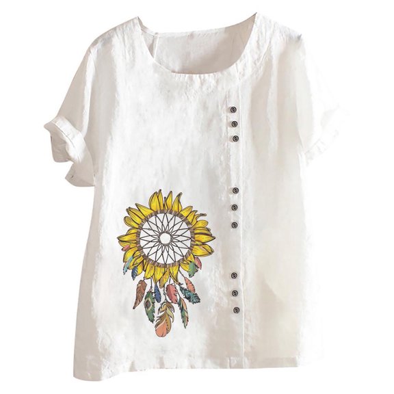 USSUMA Womens Tops Dressy Casual Women Casual Cotton And Linen Top Printed Short Sleeve Plus Tunics Button Tunic T-shirt Blouse Tops Ladies Tops Trendy