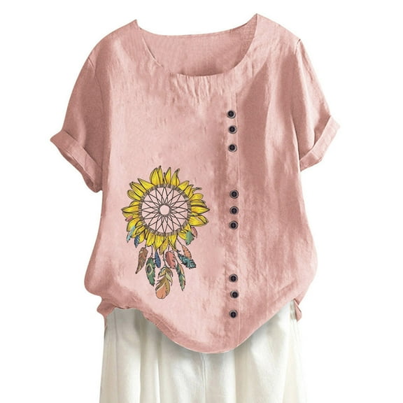 USSUMA Womens Tops Dressy Casual Women Casual Cotton And Linen Top Printed Short Sleeve Plus Tunics Button Tunic T-shirt Blouse Tops Ladies Tops Trendy