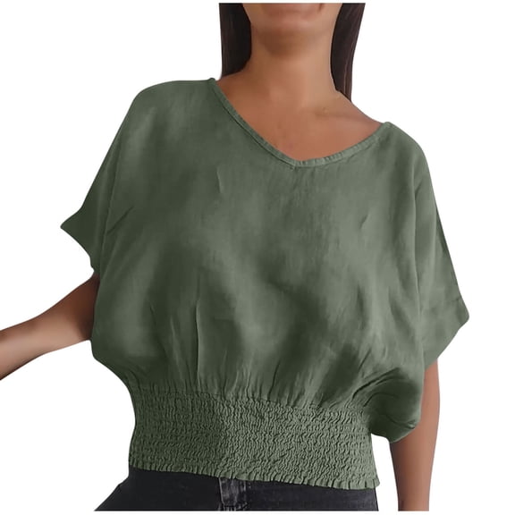 USSUMA Womens Tops Dressy Casual Women Summer V Neck Casual Solid Color Short Sleeves Pullover Blouse Elegant Festive Fashion Army Green Polyester M