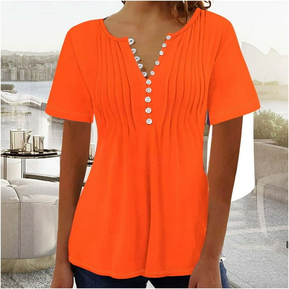 USSUMA Womens Tops Dressy Casual Women's Printed V-neck Button Up Short Seeved Top Leisure Festival Gift Orange Polyester XL
