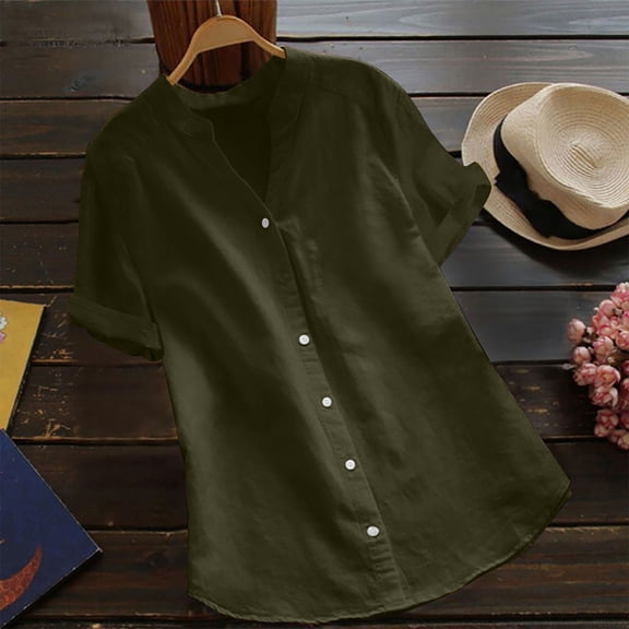 USSUMA Womens Tops Dressy Casual Women's Solid Color Short Sleeved V-neck Imitation Cotton And Linen Button Up Shirt Top Short Sleeved V-neck Top/shirt Leisure Summer Saving Army Green Polyester XL