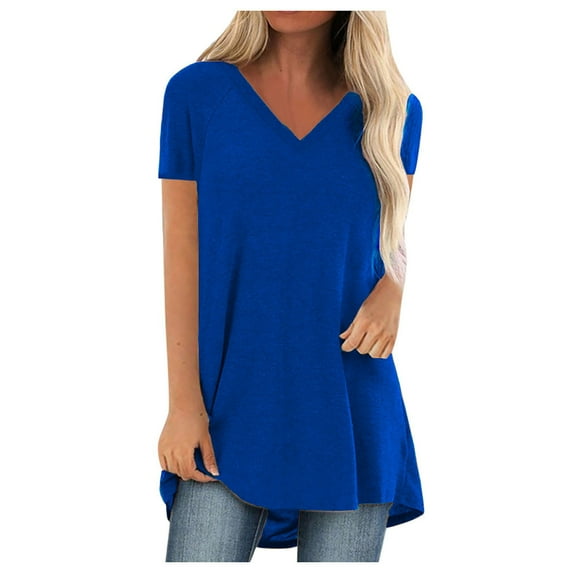 USSUMA Womens Tops Dressy Casual Women's Summer Casual Tshirt Top Trendy Loose Fit Solid Long Tunic Tee Sexy Short Sleeve Plus Size V Neck Workout Blouse