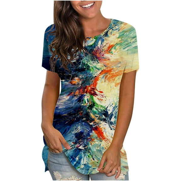USSUMA Womens Tops Dressy Casual Women's Summer Top Casual Impressionist Oil Painting Printed T-Shirts Crewneck Short Sleeve Tunics Basic Blouse