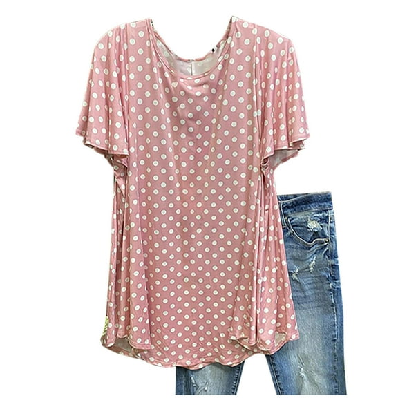 USSUMA Womens Tops Dressy Casual Women's Summer Tops Casual Short Sleeve Round Neck Polka Dots T-Shirt Tunic Tops Loose Fit Blouse Shirts