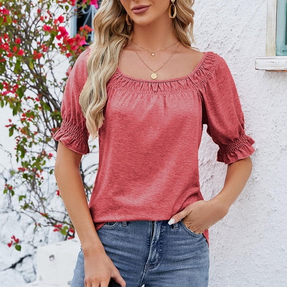 USSUMA Womens Tops Dressy Casual Women's Tops Loose And Comfortable Leisure Short Sleeve Fashion Tops T-shirt Elegant up to 6 Off Pink Polyester M