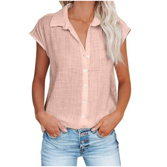 USSUMA Womens Tops Dressy Casual Womens Cap Short Sleeve Button Down Cotton Linen Shirt Blouse Loose Fit Casual V-Neck Tops