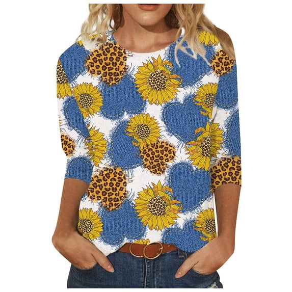 USSUMA Womens Tops Dressy Casual Womens Sunflower Printed Blouse Casual 3/4 Sleeve Tunic Tops Shirt Loose Comfy Henley T Shirts