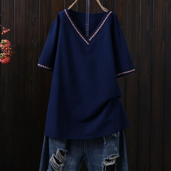 USSUMA Womens Tops Womens Plus Size Solid Embroidery Casual Loose Fashion T-Shirt Short Sleeve Tops And Linen Blouse Leisure Festival Gift Navy Polyester XXL