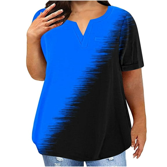 USSUMA Womens Tops Plus Size Tops For Women V-Neck Blouse Casual Loose Summer Short Sleeve Blouse Trendy up to 6 Off Blue Polyester XXXL