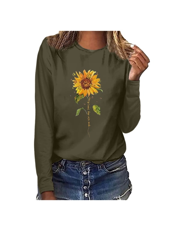USSUMA Womens Tops Shirts, Fashion Classic Fit Elegant Sweatshirts for Women Teen Loose Fit Crew Neck Long Sleeve Tunic Tshirt Butterfly Camo Plain Graphic Blouses T Shirts
