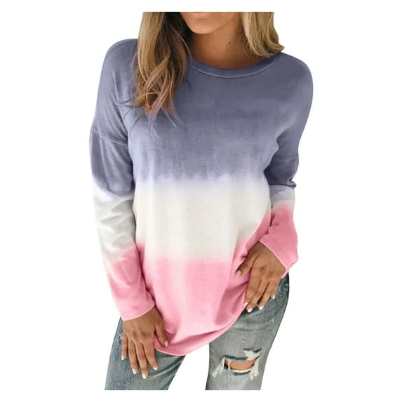 USSUMA Womens Tops With Sleeves, Casual Loose Classic Fit Ladies Autumn Tees Tops Linen Moire Stars Printed Long Sleeve Pullover Tops Crew Neck Pullover Ladies Tunic