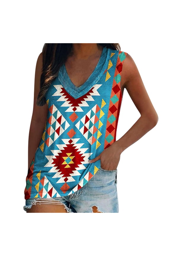 USSUMA Womens Tops Summer 2022,Western Multi Ethnic Print Tank Tops for Women Geometric Print Sleeveless Tops Shirts Western Multi V Neck Tank Tops Tee