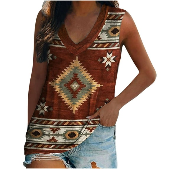 USSUMA Womens Tops Summer 2022,Western Multi Ethnic Print Tank Tops for Women Geometric Print Sleeveless Tops Shirts Western Multi V Neck Tank Tops Tee
