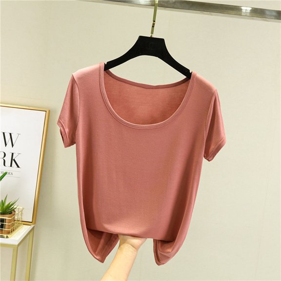 USSUMA Womens Tops Women'S Oversized Summer Solid Color Short Sleeved Round Neck Loose Top Leisure Lightweight Holiday Gift Finder Watermelon Red XXl