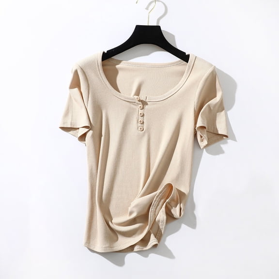 USSUMA Womens Tops Women'S Solid Color Button Round Neck Short Sleeved T-Shirt for Women'S Summer Base Small Shirt Top Short Sleeved Round Neck Top/Shirt Elegant Breathable Holiday Saving Khaki Xl