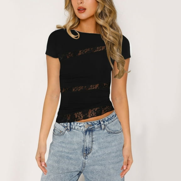 USSUMA Womens Tops Women'S Solid Lace Patchwork Short Sleeved Round Neck T-Shirt Women'S Short Sleeved Round Neck Top/Shirt Leisure Windproof Tax Free Weekend Black Polyester M