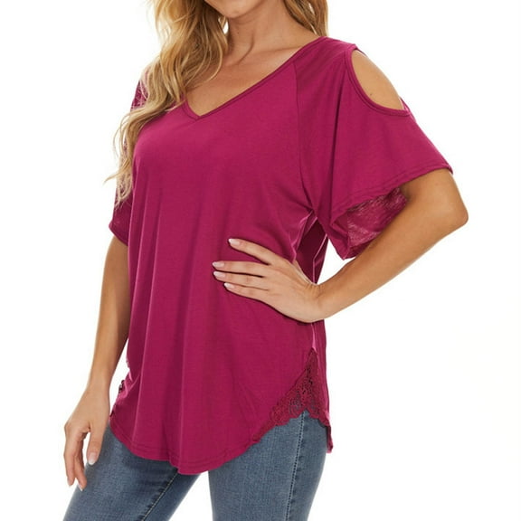 USSUMA Womens Tops Women's Pullover Solid Short-sleeved V-neck Lace Loose T-shirt Top Trendy Festive Fashion Red Nylon S