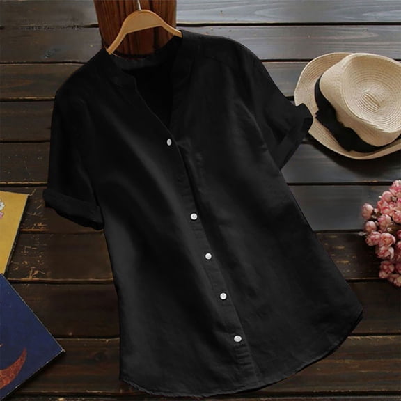 USSUMA Womens Tops Women's Solid Color Short Sleeved V-neck Imitation Cotton And Linen Button Up Shirt Top Short Sleeved V-neck Top/shirt Casual Holiday Saving Black Polyester S