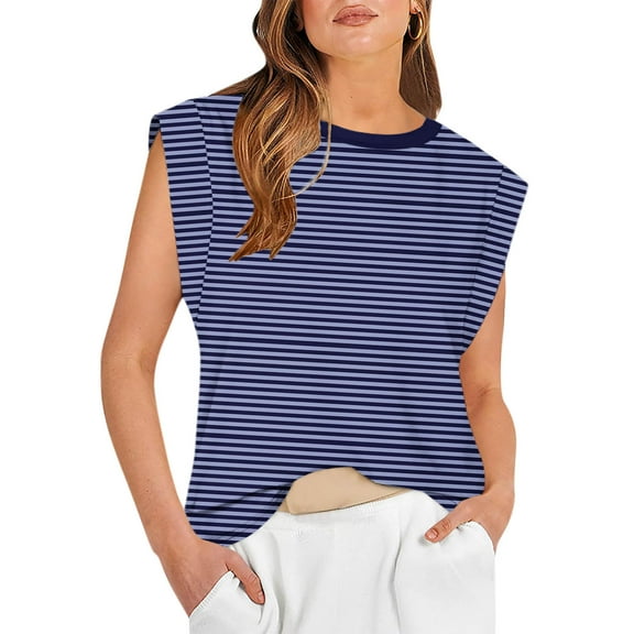 USSUMA Womens Tops Women's Tank Tops Sleeveless Round Neck Loose Fit Casual Printed Vintage Tee Comfortable T-Shirt Outdoor Navy Polyester Sales Tank Top for Women Xxl