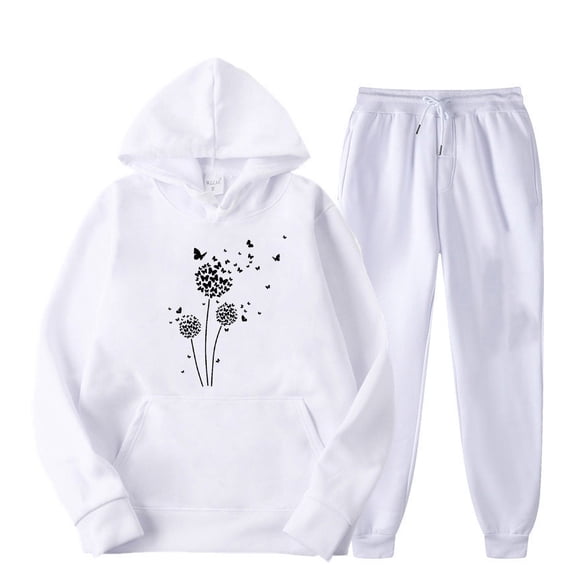 USSUMA Womens Track Suits 2 Piece Set Hoodies Womens Long Sleeved Pullover Sweatpant Outfits Pocket Drawstring Print Tracksuit Elastic Waist Fashion Jogger Sets Loose Running Fall Suit