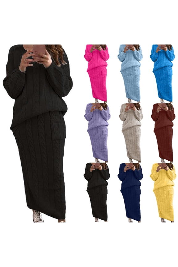 Womens Two-Piece Cable Knit Sweater and Midi Skirt Set Round Neck Long Sleeve Warm Stretchy Ribbed Fabric Cozy Loungewear for Home Casual Office Autumn Winter
