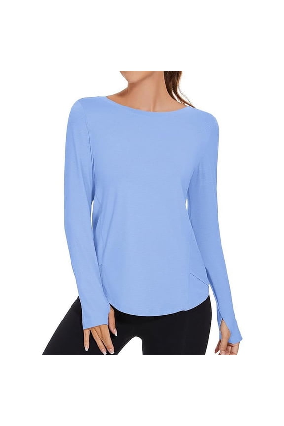 Womens UPF 50+ Sun Shirts Solid Color Long Sleeve Uv Protection Rash Guard Lightweight Long Sleeve Workout Tops with Thumb Hole 50% Off Clear