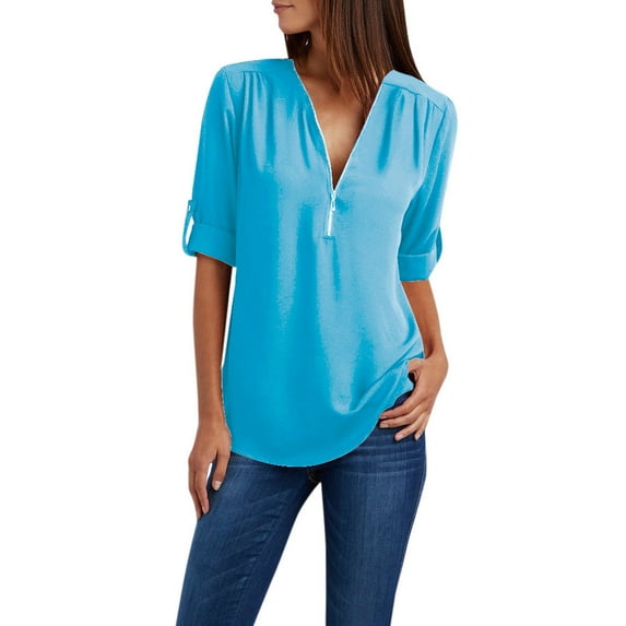 USSUMA Womens V Neck Casual Blouse Roll-up Sleeve T-Shirts Sexy Chiffon Zipper Up Tunics Tops Plus Size