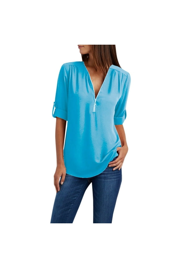 USSUMA Womens V Neck Casual Blouse Roll-up Sleeve T-Shirts Sexy Chiffon Zipper Up Tunics Tops Plus Size