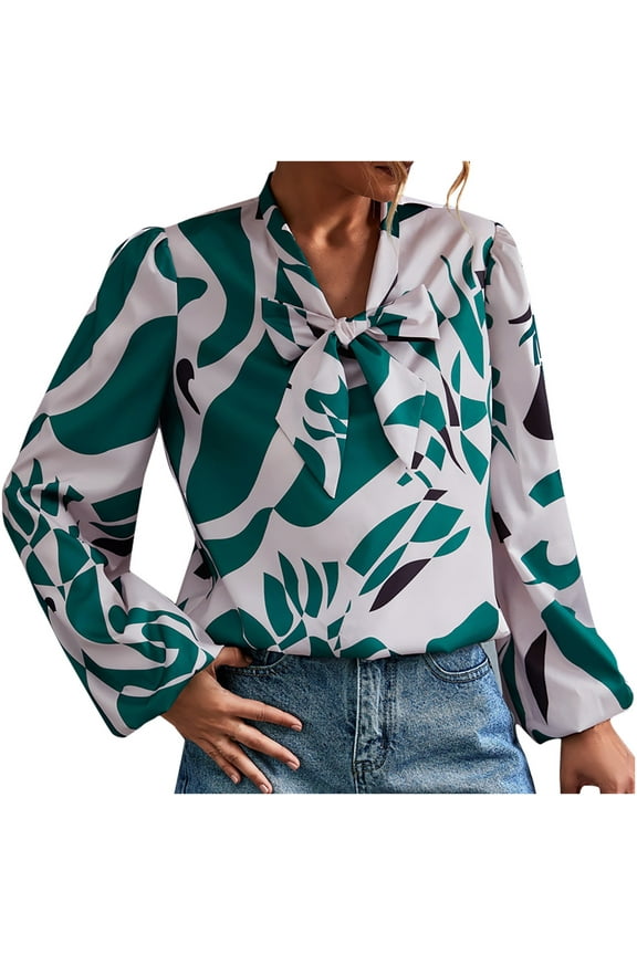 USSUMA Womens V Neck Tie Knot Front Tops Long Sleeve Leopard Casual Blouse Shirts