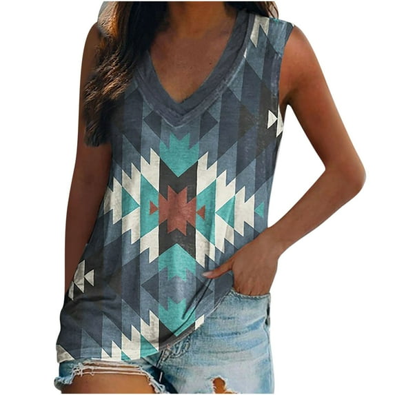 USSUMA Womens Western Ethnic Style Tank Tops Geometric Rhombus Printed Shirts for Women Sleeveless V Neck Summer Casual Tee