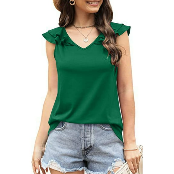 USSUMA Workout Tops for Women Women Fashion Summer Tops For V-Neck Ruffle Sleeve Tops Casual Sleeveless Trendy Holiday Gift Finder Green Polyester+Spandex L