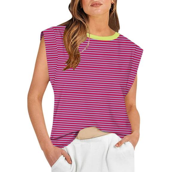 USSUMA Workout Tops for Women Women's Tank Tops Sleeveless Round Neck Loose Fit Casual Printed Leisure Shirt Lightweight Shirt Meeting Hot Pink Polyester Holiday Saving Tank Top for Women L