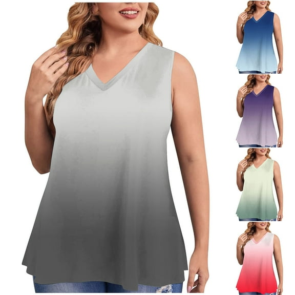 USSUMA Workout Tops for Women Women's Tank Tops Sleeveless V Neck Loose Plus Size Tops for Women Printed Gradient Casual Tshirt Breathable Shirt Trekking Black Up to 45% off Tank Top for Women L