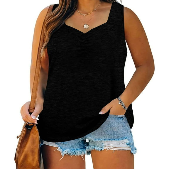 USSUMA Workout Tops for Women Women's Tank Tops Sleeveless V Neck Solid Color Plus Size Tops for Women Trendy T-Shirt Lightweight Tshirt School Black Polyester Online Shopping Tank Top for Women L