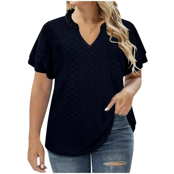 USSUMA Workout Tops for Women Womens Plus Size T-Shirts V-Neck Puff Short Sleeve Tops Casual Summer Top Hollow Out Blouses Elegant Holiday Saving Navy Polyester+Spandex XXXXXL