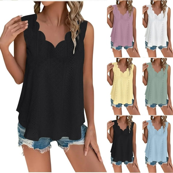USSUMA Workout Tops for Women Womens Tank Tops Sleeveless Solid Color Casual Plus Size Tops for Women Retro T-Shirt Lightweight T-Shirt School Black Polyester Deals Tank Top for Women Xl