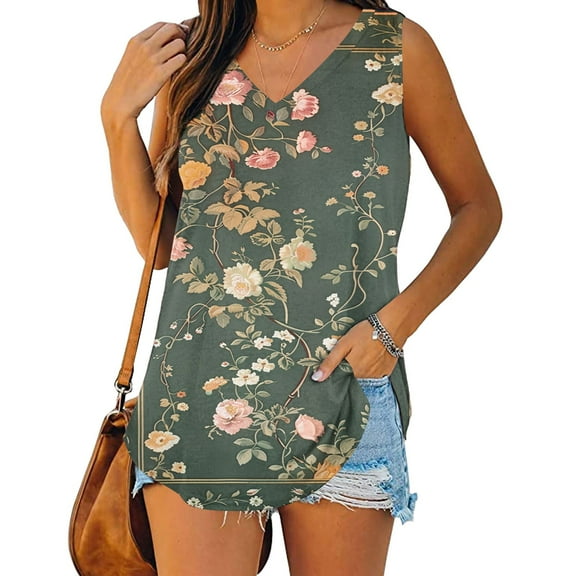 USSUMA Workout Tops for Women Womens Tank Tops Sleeveless V Neck Loose Fit Casual Printed Elegant Tee Loose Blouse Office Multicolor Polyester Holiday Saving Tank Top for Women M