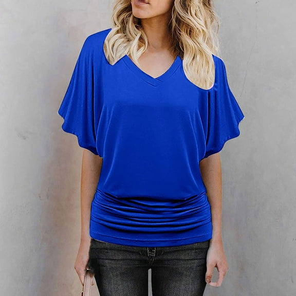 USSUMA Workout Tops for Women Fashion Casual Women Solid Short Sleeve Sleeve Blouse V-Neck Loose Tops Casual Sale Blue Polyester Spandex L