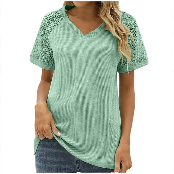 USSUMA Workout Tops for Women Fashion Women's Casual Short Sleeve V-Neck Solid Tops Blouse Casual Festival Gift Green Polyester S