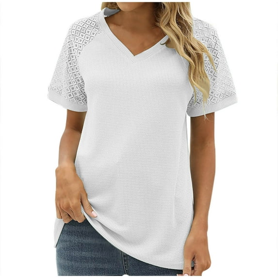 USSUMA Workout Tops for Women Fashion Women's Casual Short Sleeve V-Neck Solid Tops Blouse lounging Holiday Saving White Polyester XL