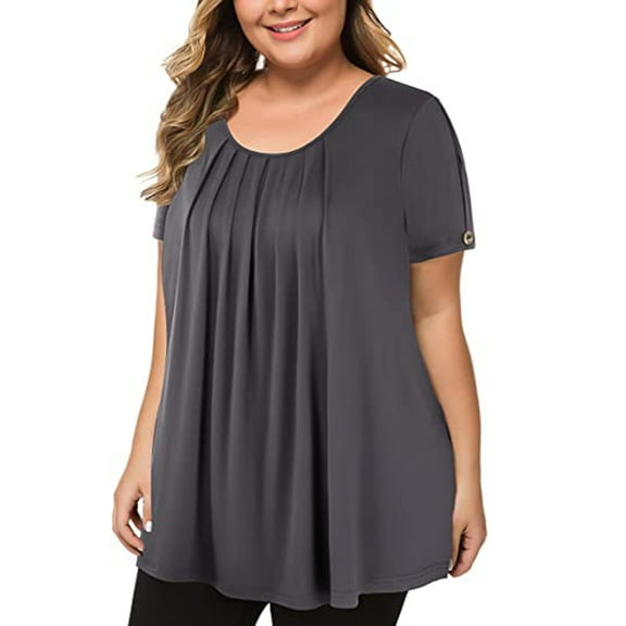 USSUMA Workout Tops for Women Plus-Size Fashion Woman O-Neck Short Sleeve Tops T-Shirt Solid Loose Short Casual Lightweight My Order Gray XXXl