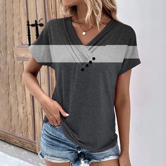 USSUMA Workout Tops for Women Women's V-Neck Fashion Casual Short-Sleeved Spring And Summer Top lounging up to 4 Off Dark Gray Polyester S