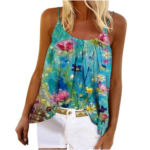 USSUMA Womens Tops Dressy Casual Summer Sleeveless Floral Print Tank Shirts for Women Trendy spaghetti Strap Cami Crewneck T-Shirts Blouses for Women Plus Tunic